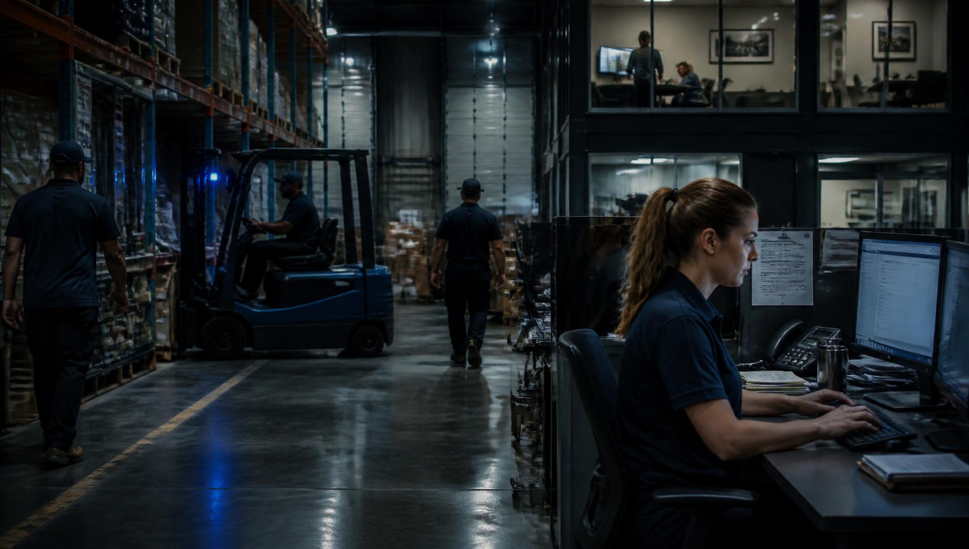 Workers on a warehouse floor and at a desk during a night shift